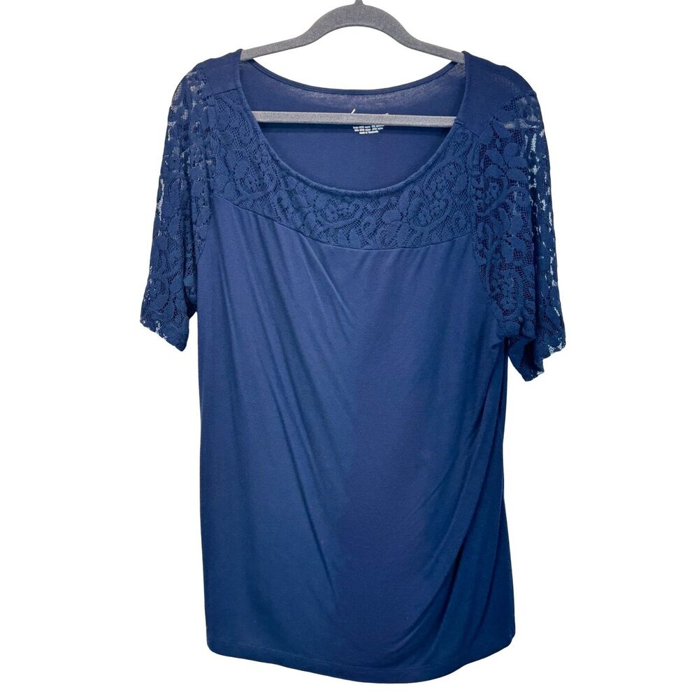 Lane Bryant Navy Blue Lace Sleeve Blouse Size 14/16 Scoop Neck Stretchy Top